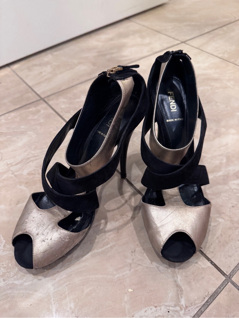 Fendi Metallic Gold and Black Wrap-Strap Peep-Toe Heels